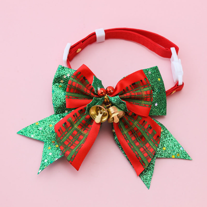Plaid Bow pet collar with a red-and-green plaid bow, green glitter tails, and bells