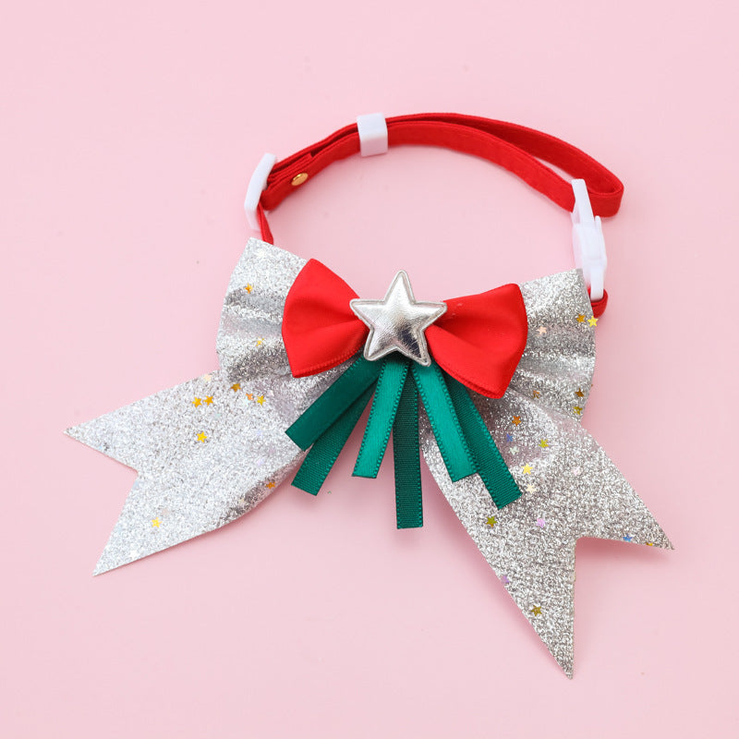 Star Bow pet collar with silver glitter tails, a silver star, and teal ribbon tails