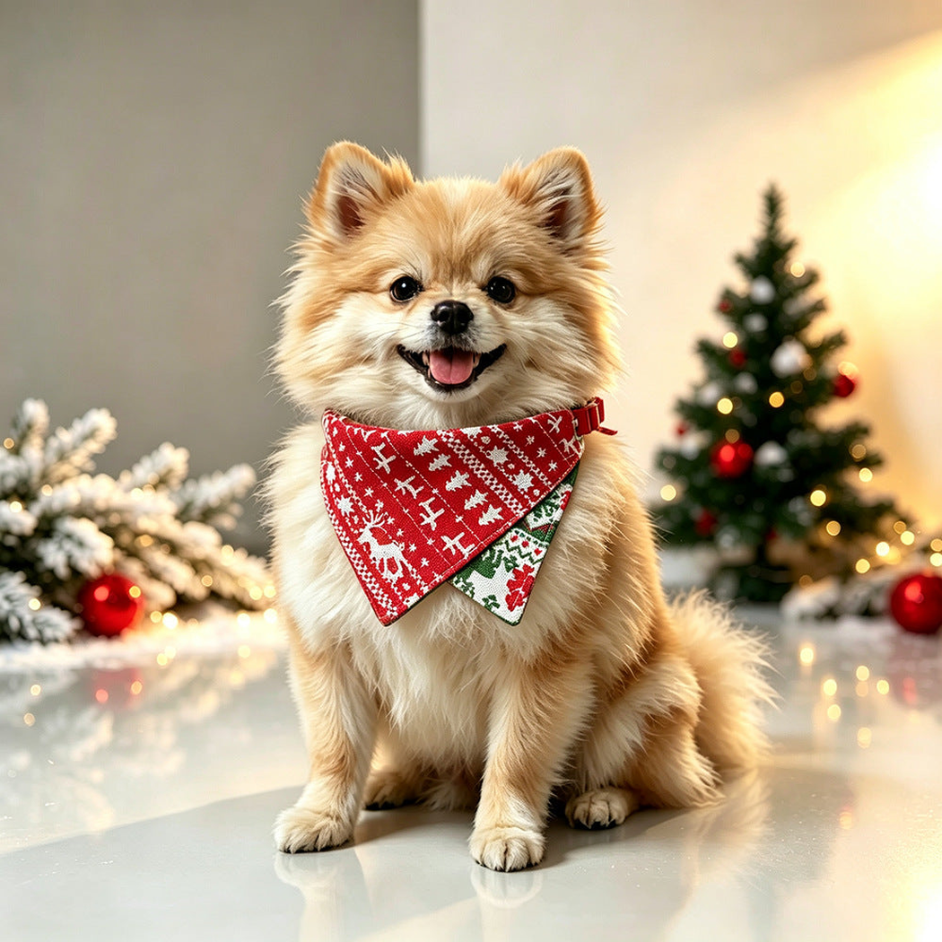 Small fluffy dog wearing a red patterned pet bandana beside holiday decorations