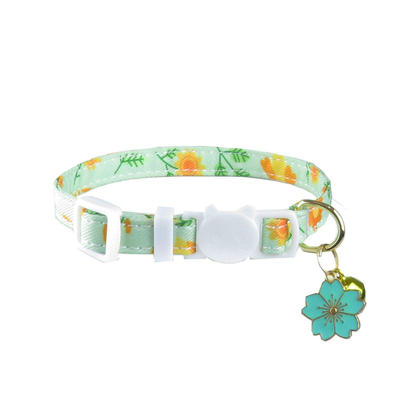 Mint Plain floral cat collar with cat-face buckle, bell, and blue flower charm
