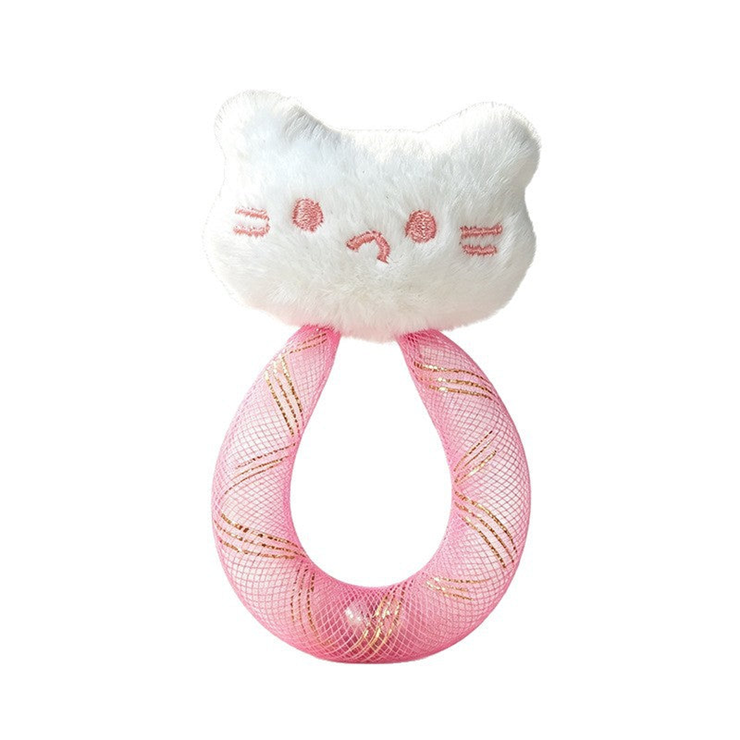 Pink cat toy with a fuzzy cat-head piece and looped mesh body on a white background