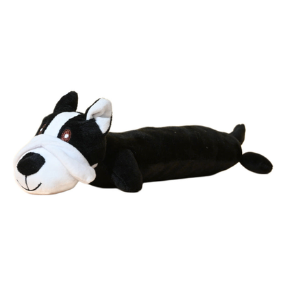 Black-and-white elongated dog-shaped plush dog toy, three-quarter view