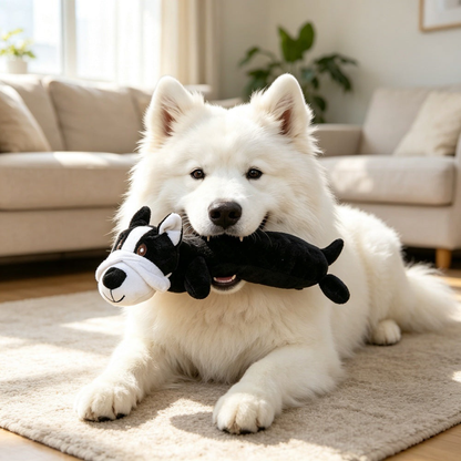 White dog holding a partly occluded black-and-white dog-shaped plush toy indoors