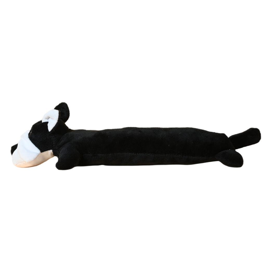 Black-and-white elongated dog-shaped plush dog toy, side view