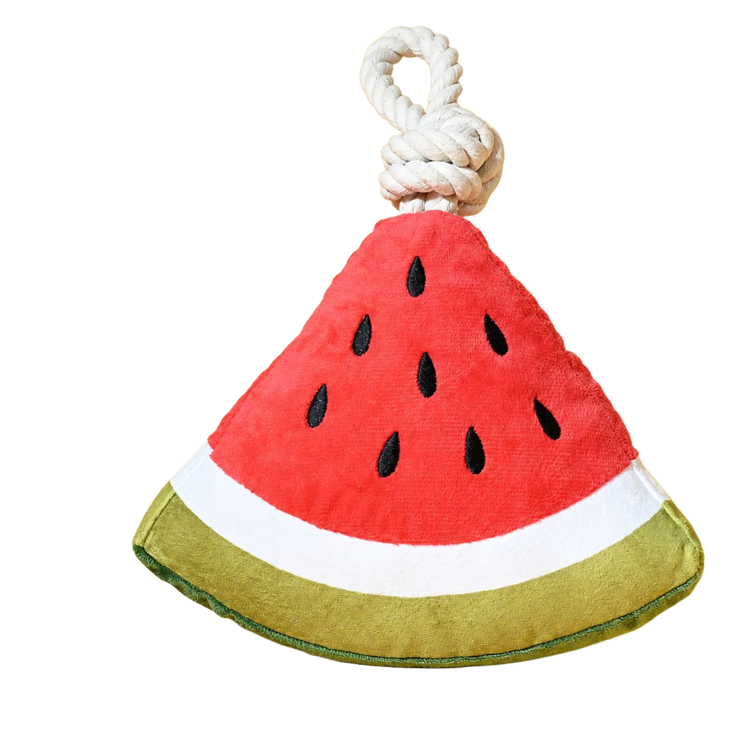 Watermelon wedge plush dog toy with white knotted rope loop