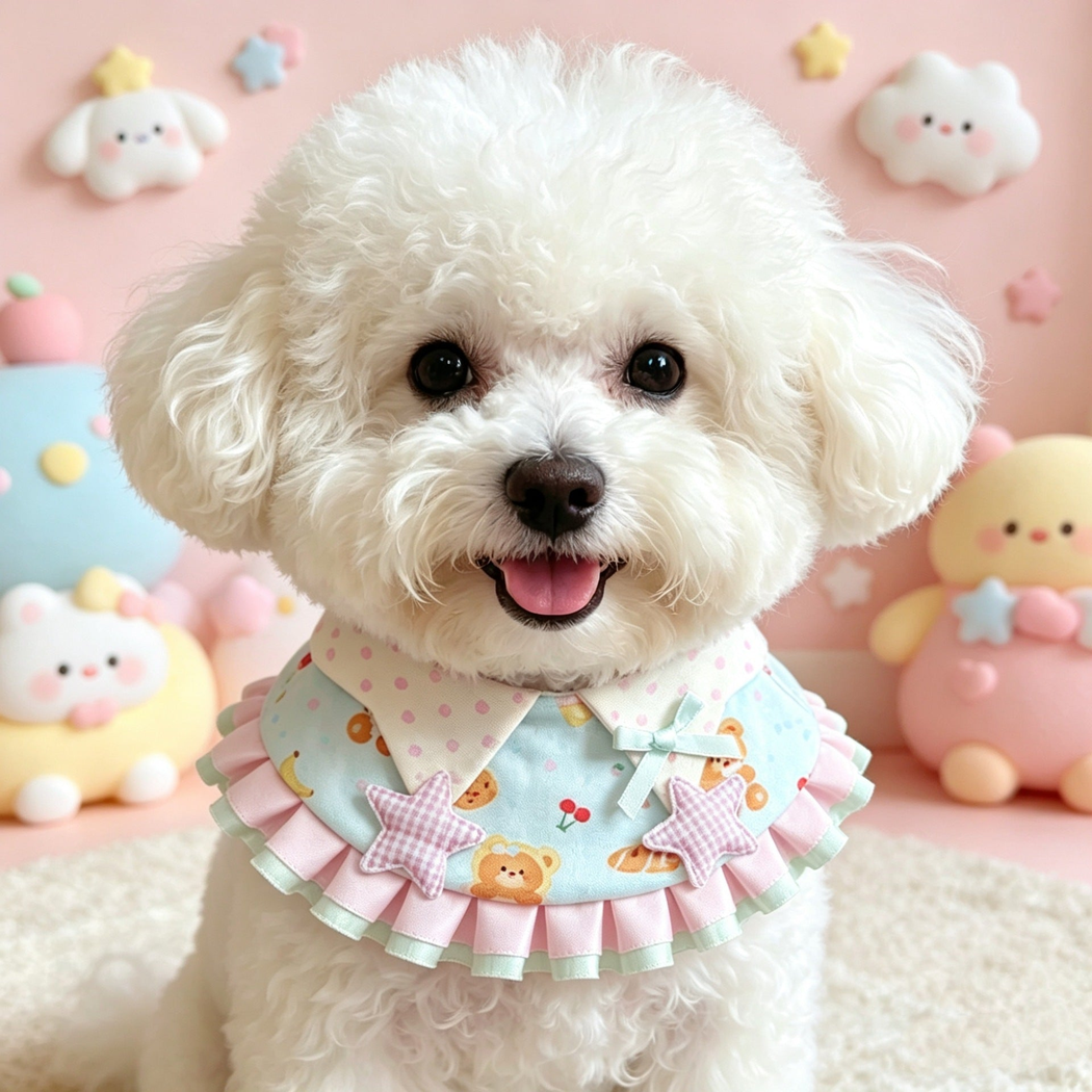 White dog wearing pastel pet neckwear with pink and mint ruffled edges