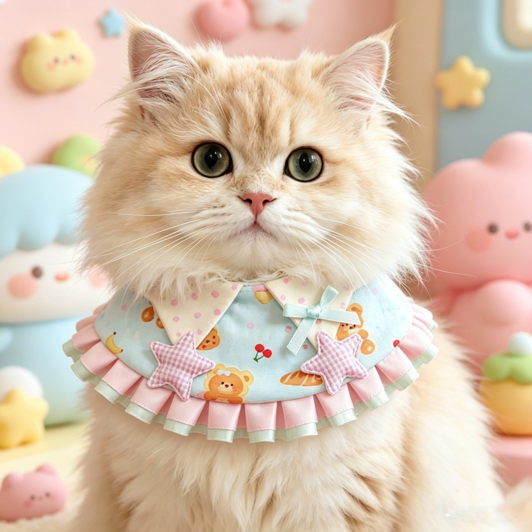 Cream cat wearing pastel pet neckwear with pink and mint ruffled edges