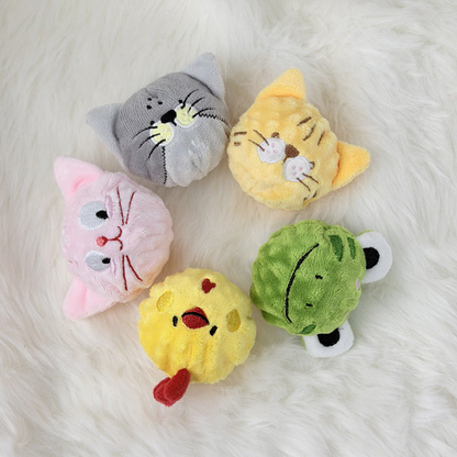 Five plush dog toy styles displayed together
