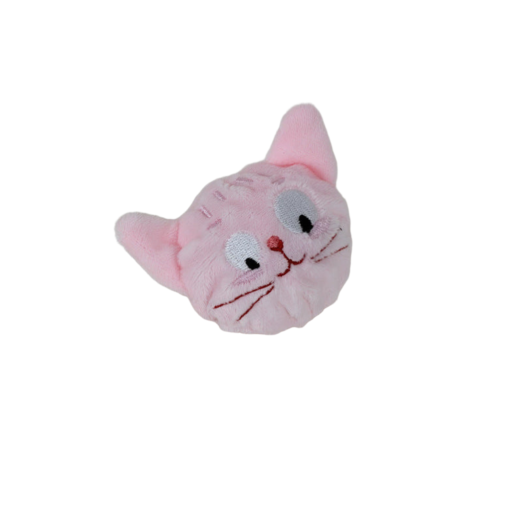 Pink Cat plush dog toy with embroidered face and pointed ears