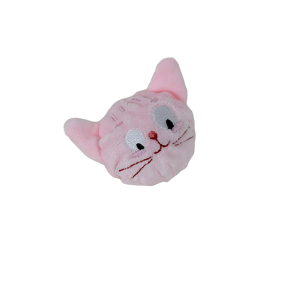 Pink Cat plush dog toy with embroidered face and pointed ears