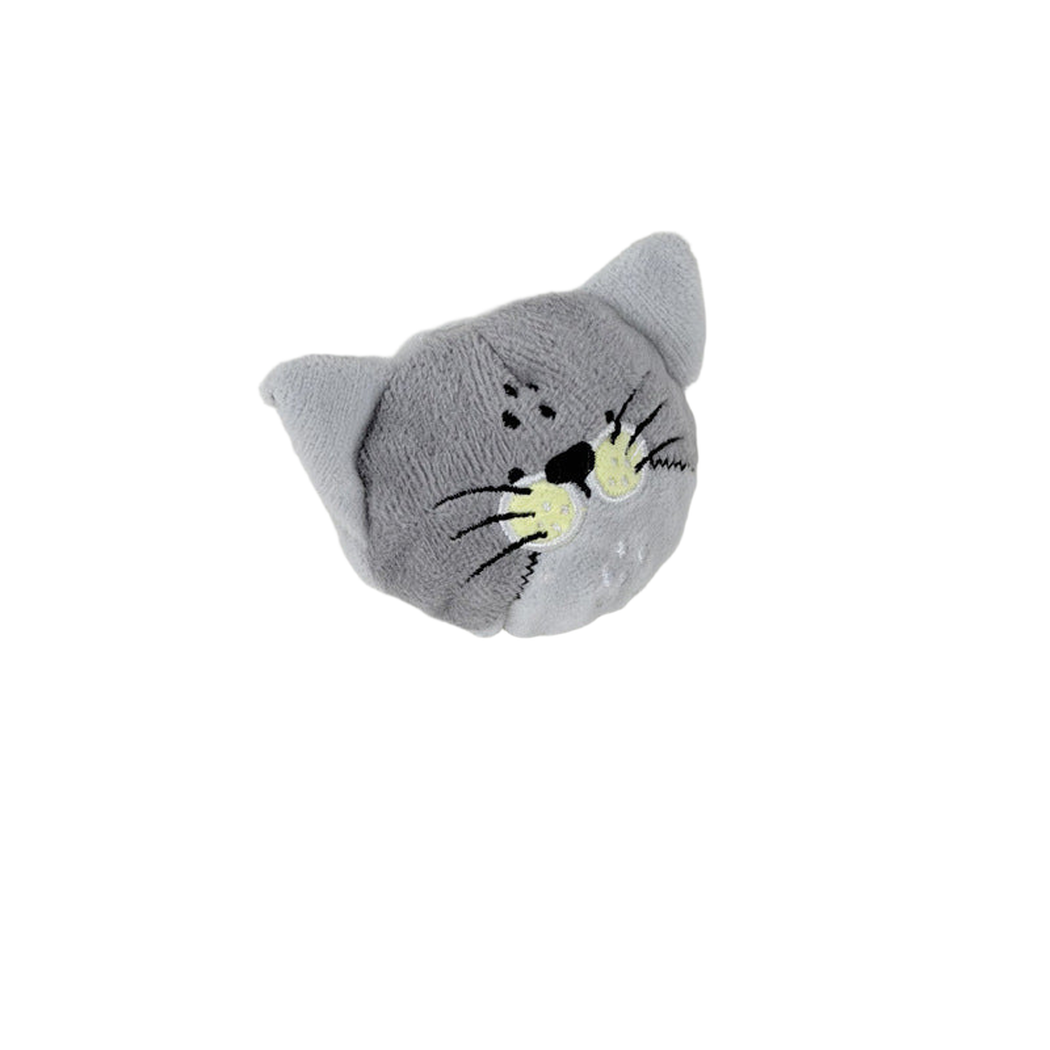 Gray Cat plush dog toy with embroidered face and pointed ears