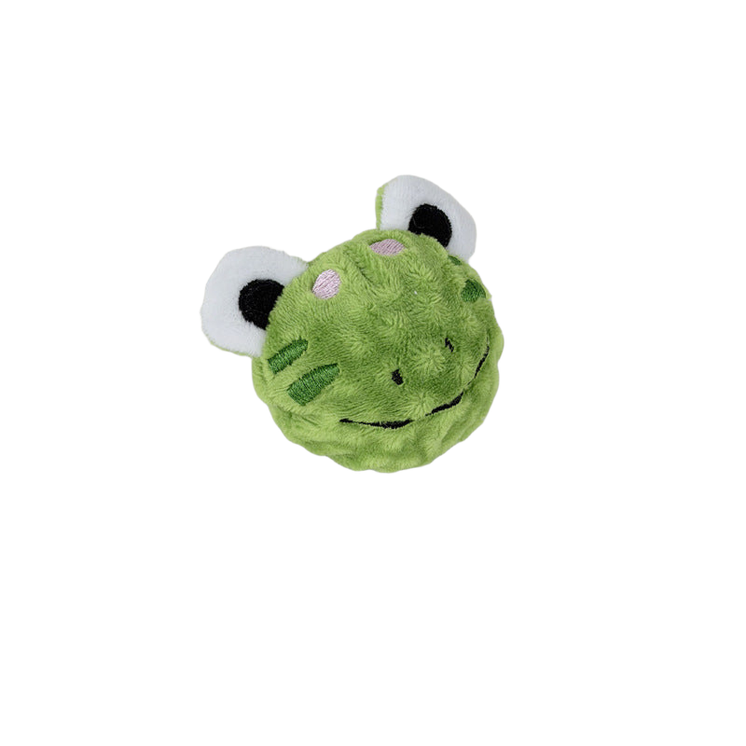 Frog plush dog toy with embroidered face and large eyes
