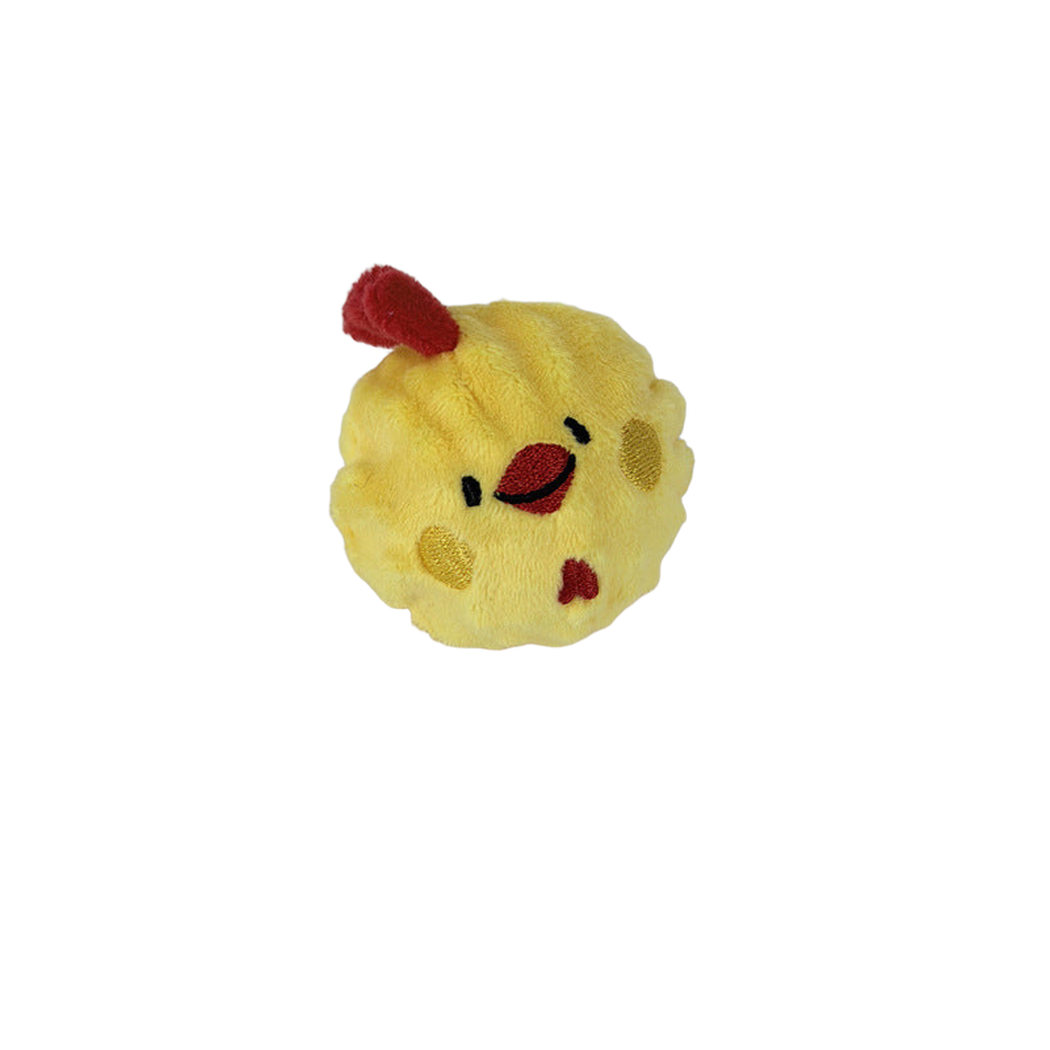Chick plush dog toy with embroidered face and red crest