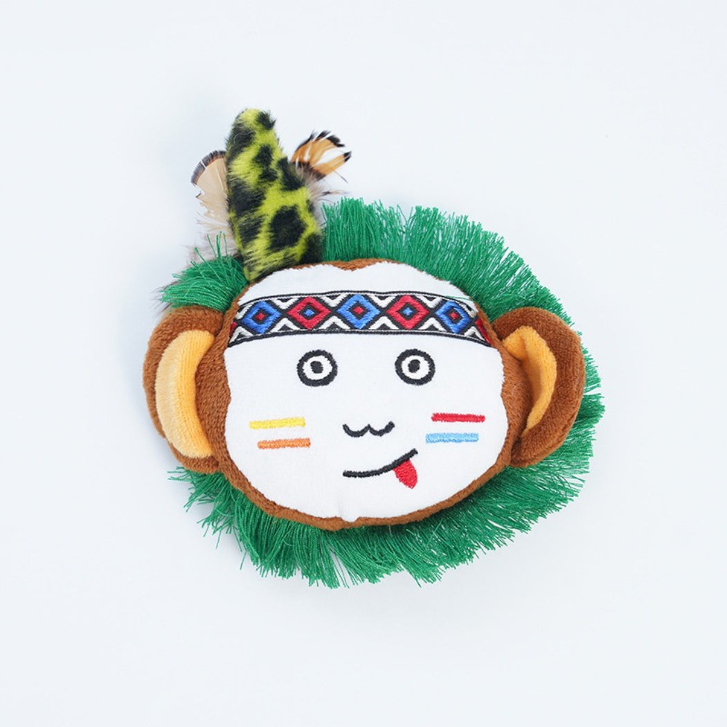 Close-up of Moo Boho Feather Face Plush Cat Toss Toy showing detailed feather pattern