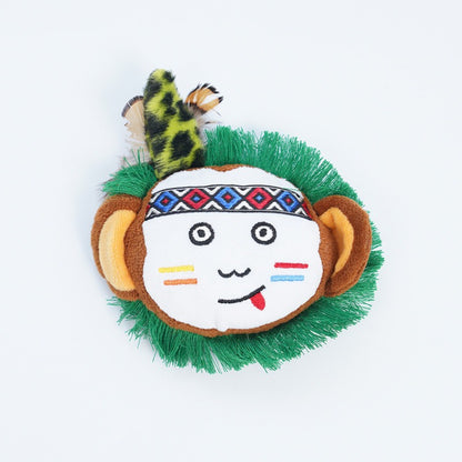 Close-up of Moo Boho Feather Face Plush Cat Toss Toy showing detailed feather pattern