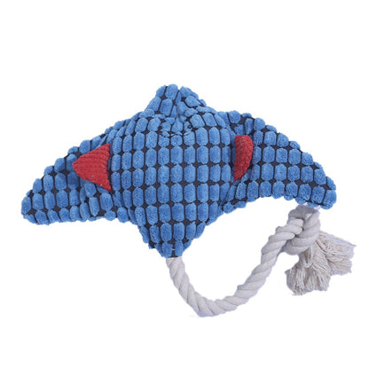 Petkin Rope Tug Stingray dog toy with blue and white braided rope and plush stingray head