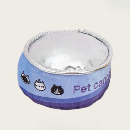 Top view of Moo canned cat toy with toy components arranged neatly