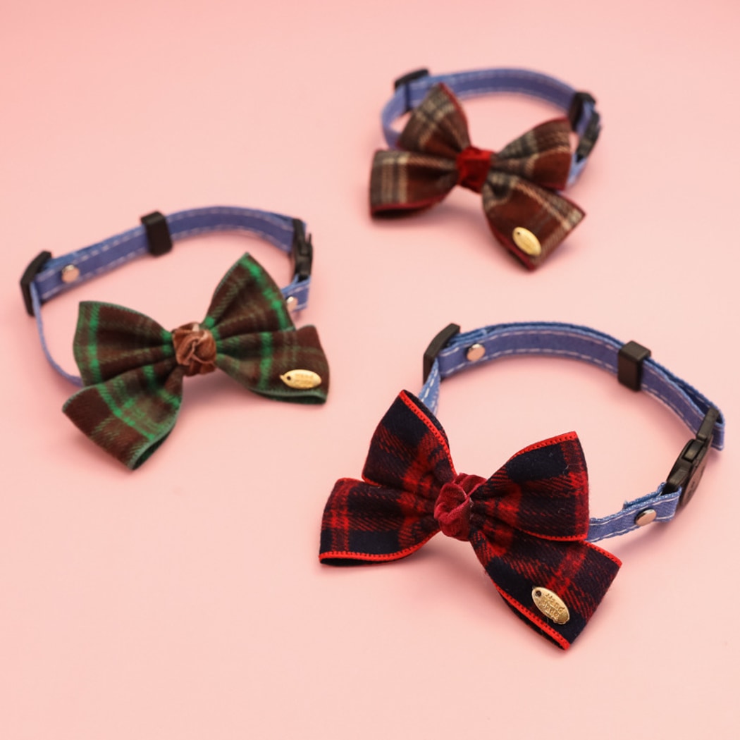 Mokka - Decorative Plaid Pet Collar with Bow Tie