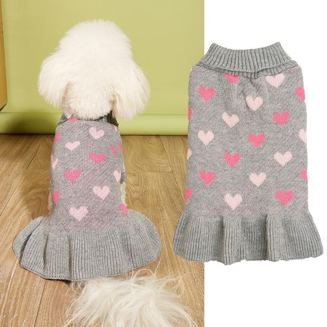 Ozzie - Heart Pattern Ruffle Hem Dog Sweater Dress