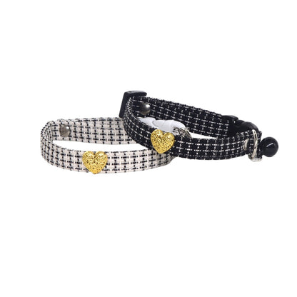 Mokka tweed heart cat collar displayed flat showing fabric texture and buckle