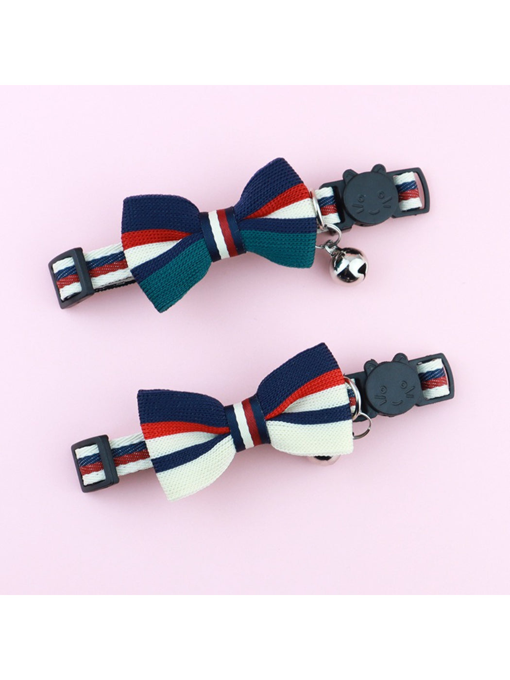 Close-up of Mokka striped bow on adjustable cat collar with breakaway feature