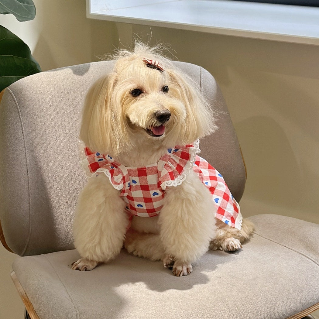Ozzie - Heart Plaid Ruffle Sleeve Pet Dress
