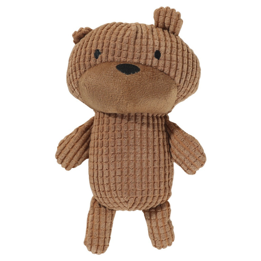 Close-up of Petkin bear plush dog toy showing textured fabric and embroidered eyes