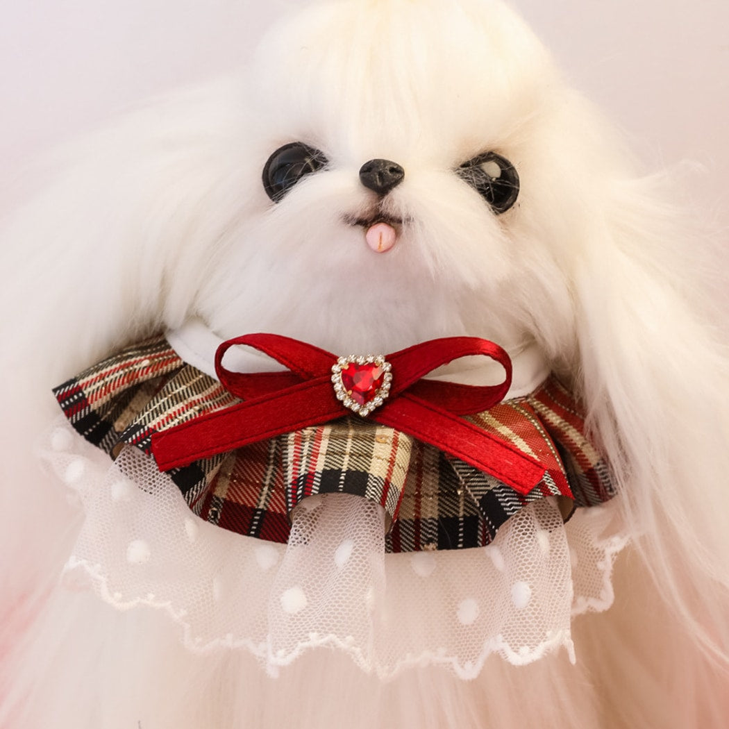 Mokka - Plaid Lace Ruffle Heart Accent Cat Collar