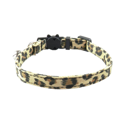 Mokka leopard print cat collar with bell displayed flat on surface