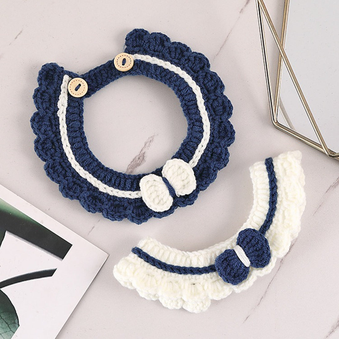 Side view of Mokka button crochet cat collar highlighting texture and clasp