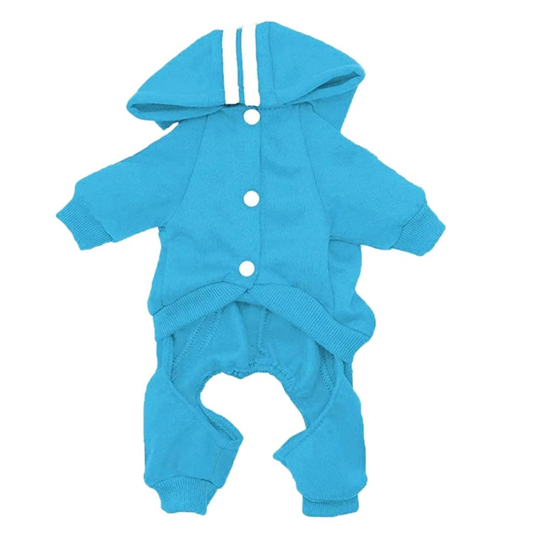 Small dog in Ozzie hooded jumpsuit sitting and facing forward