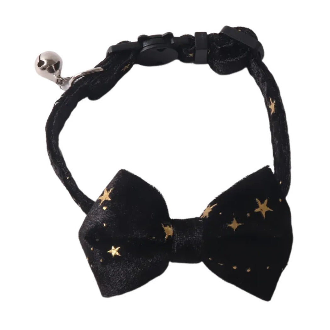 Side view of Mokka Velvet Star Bow Collar with visible bow and star pattern