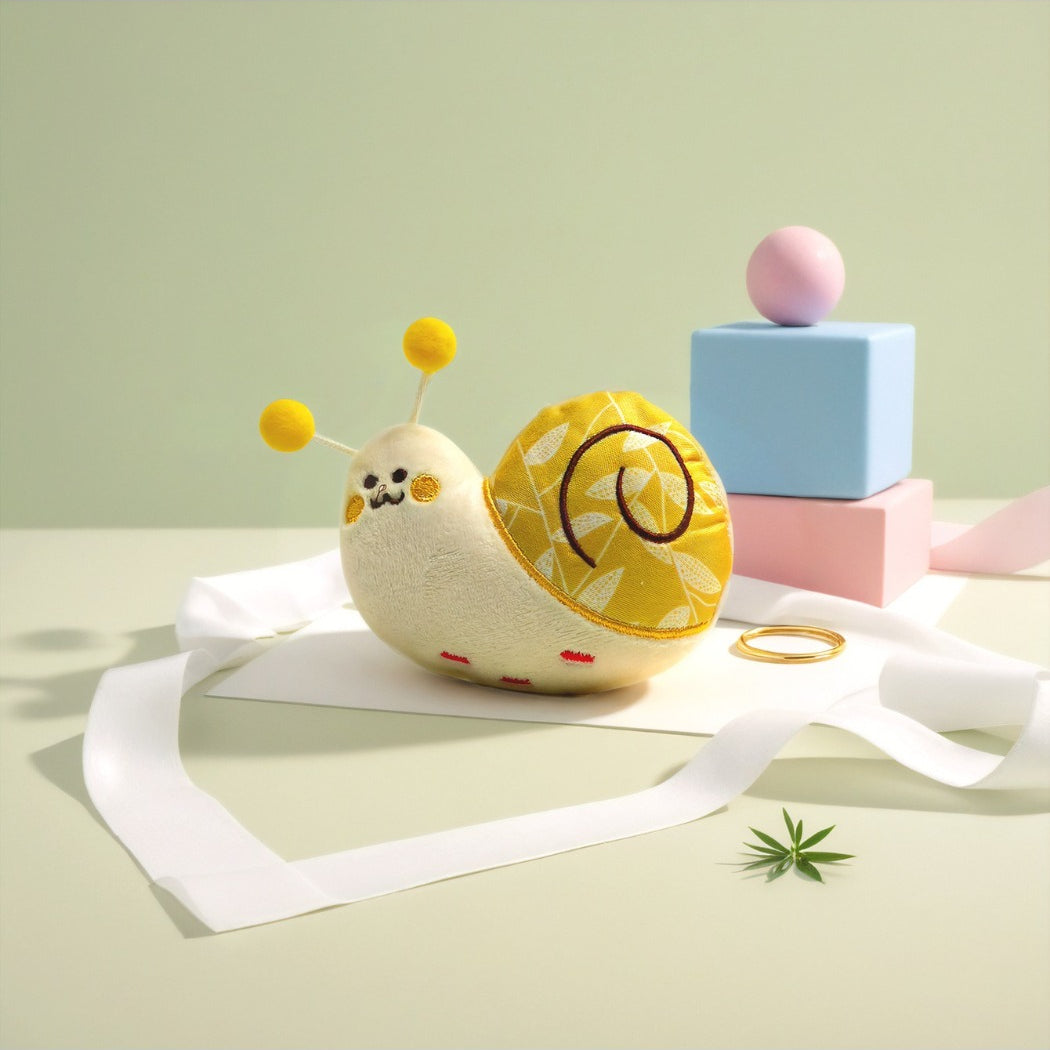 Petkin Leaf Shell Snail plush toy positioned to show full body and leaf shell