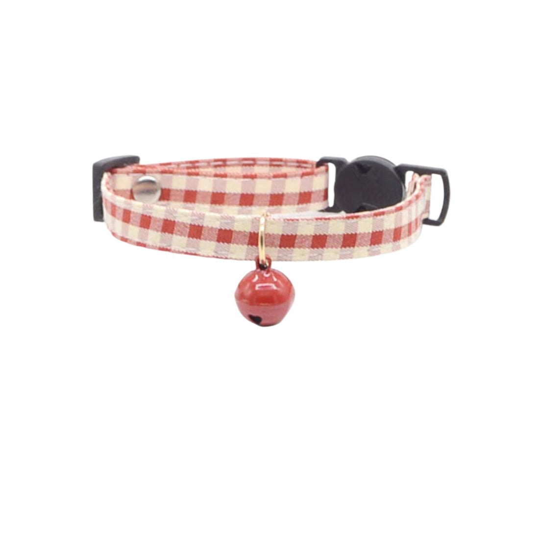 Cat wearing Mokka simple gingham collar with bell, showing fit around neck
