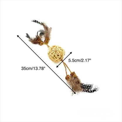Natural rattan cat toy balls with feather and silvervine components arranged for play
