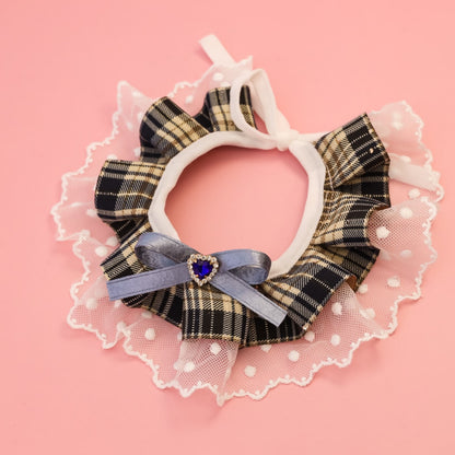 Mokka - Plaid Lace Ruffle Heart Accent Cat Collar