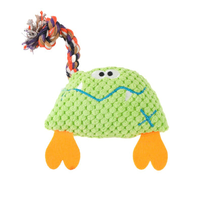 Petkin soft plush monster dog toy with colorful rope and stitched eyes