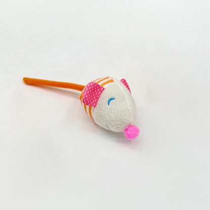 Striped mouse cat toy photographed from above showing full body and tail