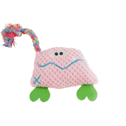 Close-up of Petkin plush monster dog toy showing textured rope and fabric details
