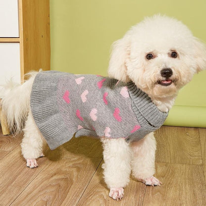 Ozzie - Heart Pattern Ruffle Hem Dog Sweater Dress
