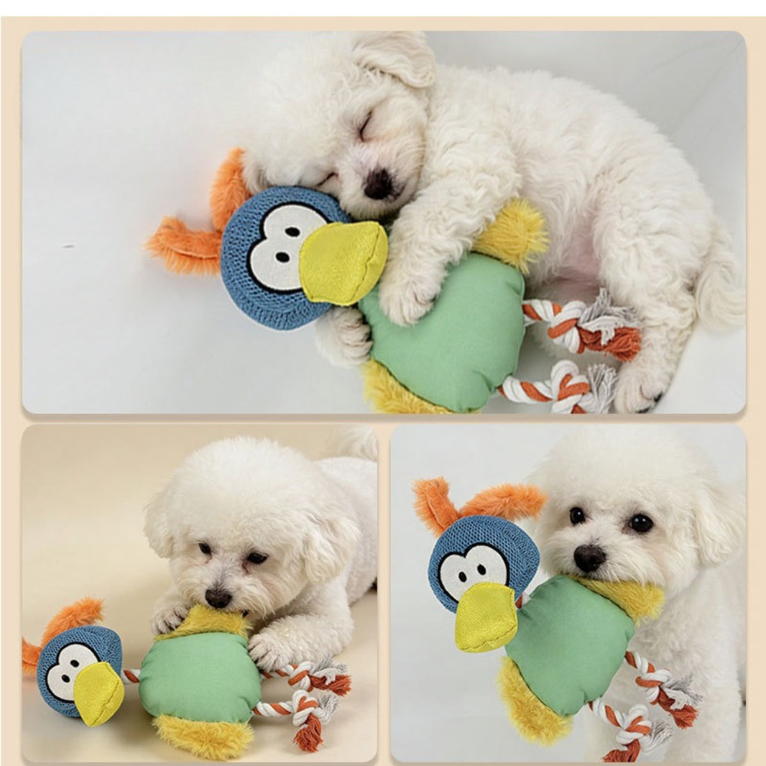 Petkin Bird Plush Rope Dog Toy on white background displaying full toy length and details