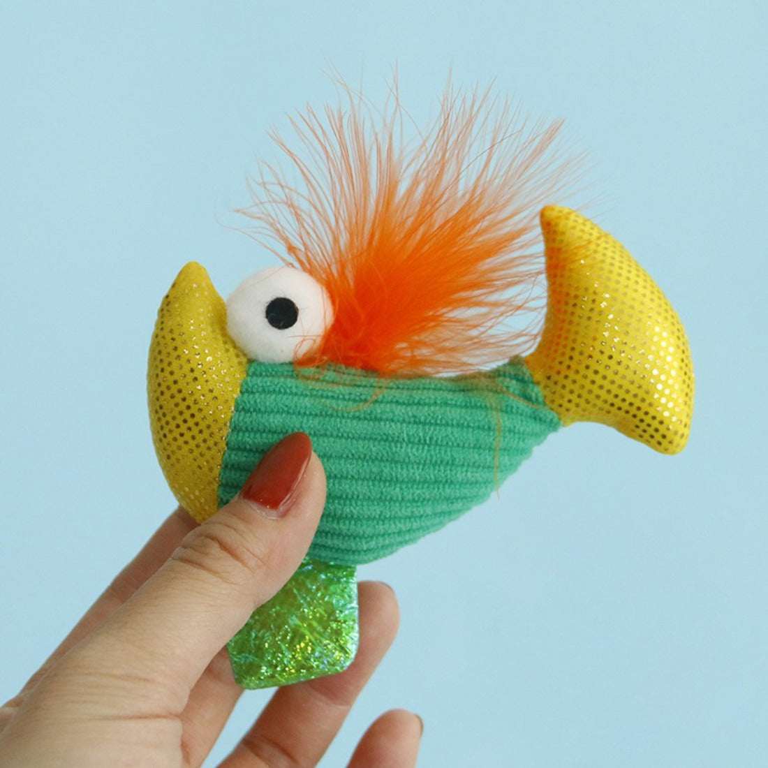 Close-up of Moo colorful feather fish cat toy showing detailed feather texture and bright colors