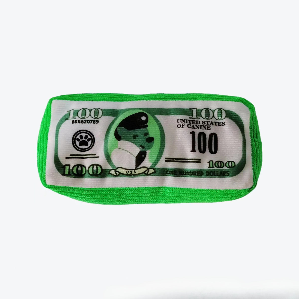 Petkin plush money stack dog toy held in hand to show size and soft material