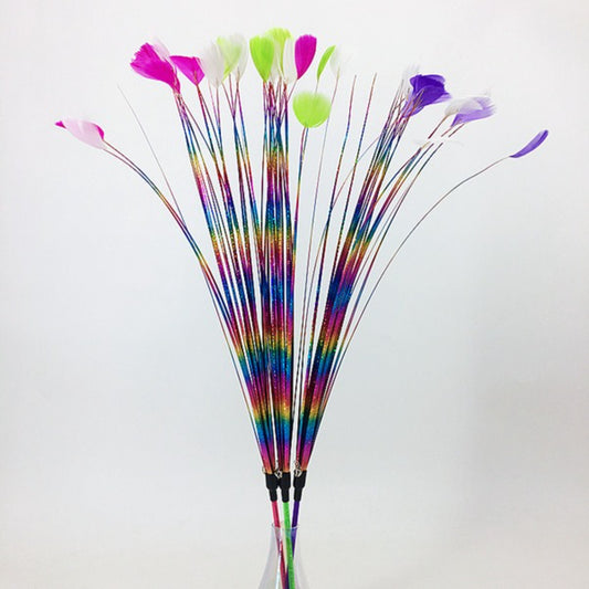 Close-up of Moo Ribbon Feather Cat Teaser Wand showing detailed feathers and ribbons