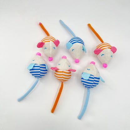 Striped mouse cat toy isolated on white background with clear view of stripes and shape