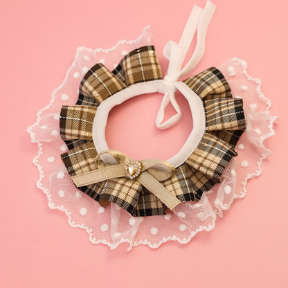 Mokka - Plaid Lace Ruffle Heart Accent Cat Collar