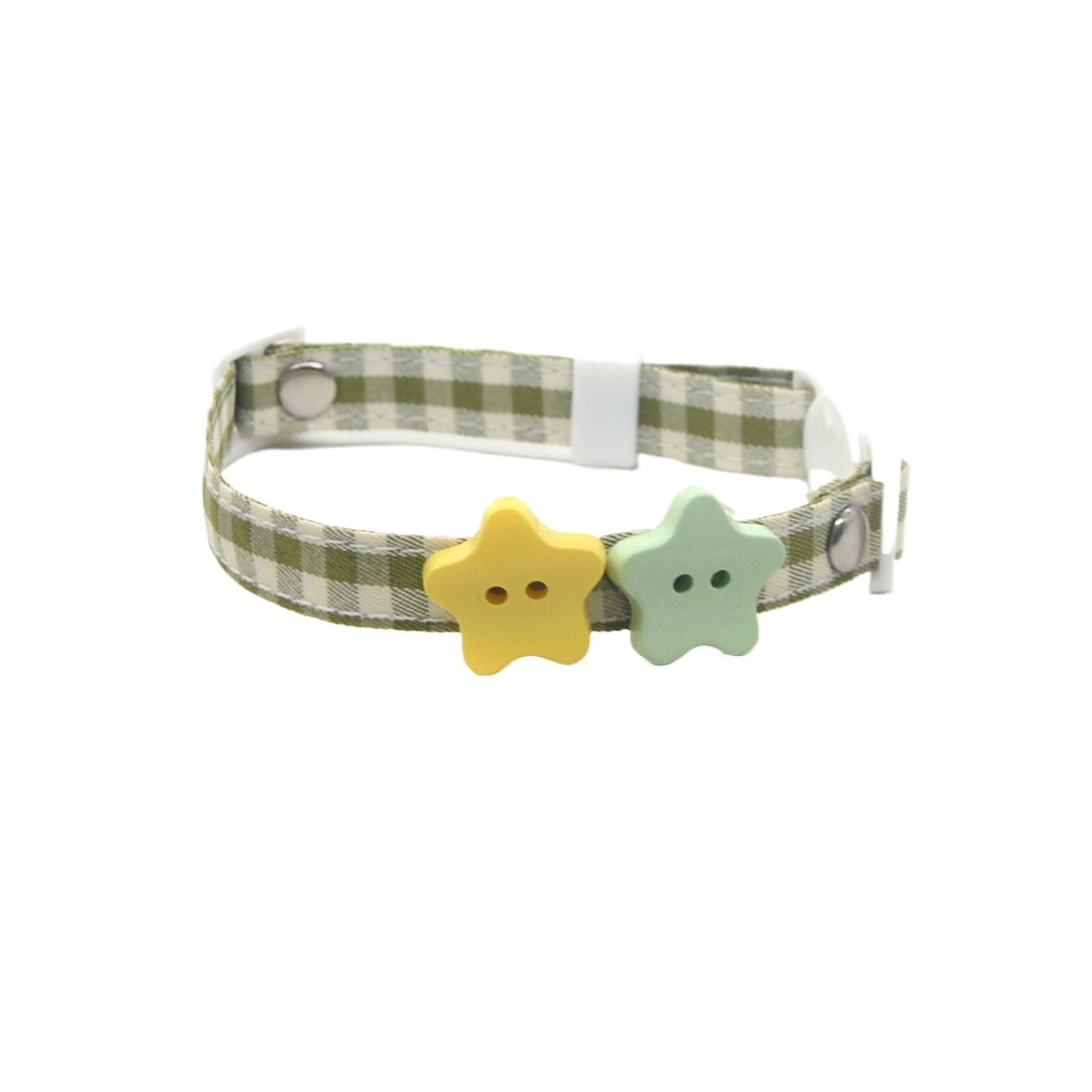 Pink breakaway cat collar with Mokka button charm worn by a cat