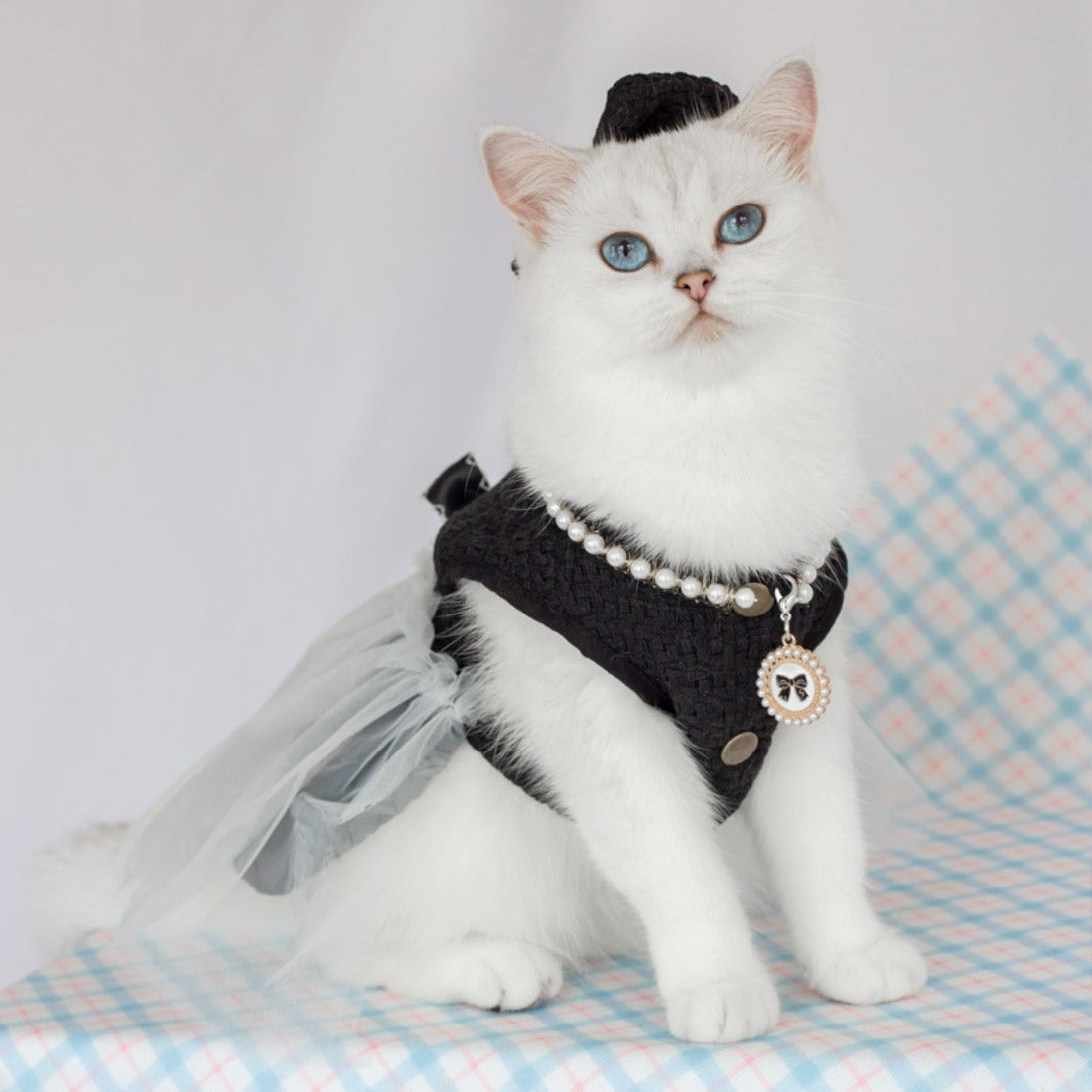 Close-up of the bow detail on the vest style tulle cat dress