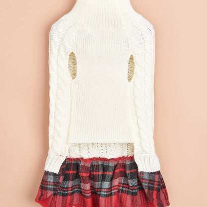 Ozzie - White Cable Dog Dress with Plaid Skirt