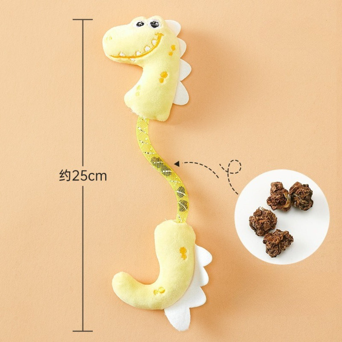 Moo dinosaur plush cat toy with detailed stitching and soft plush texture